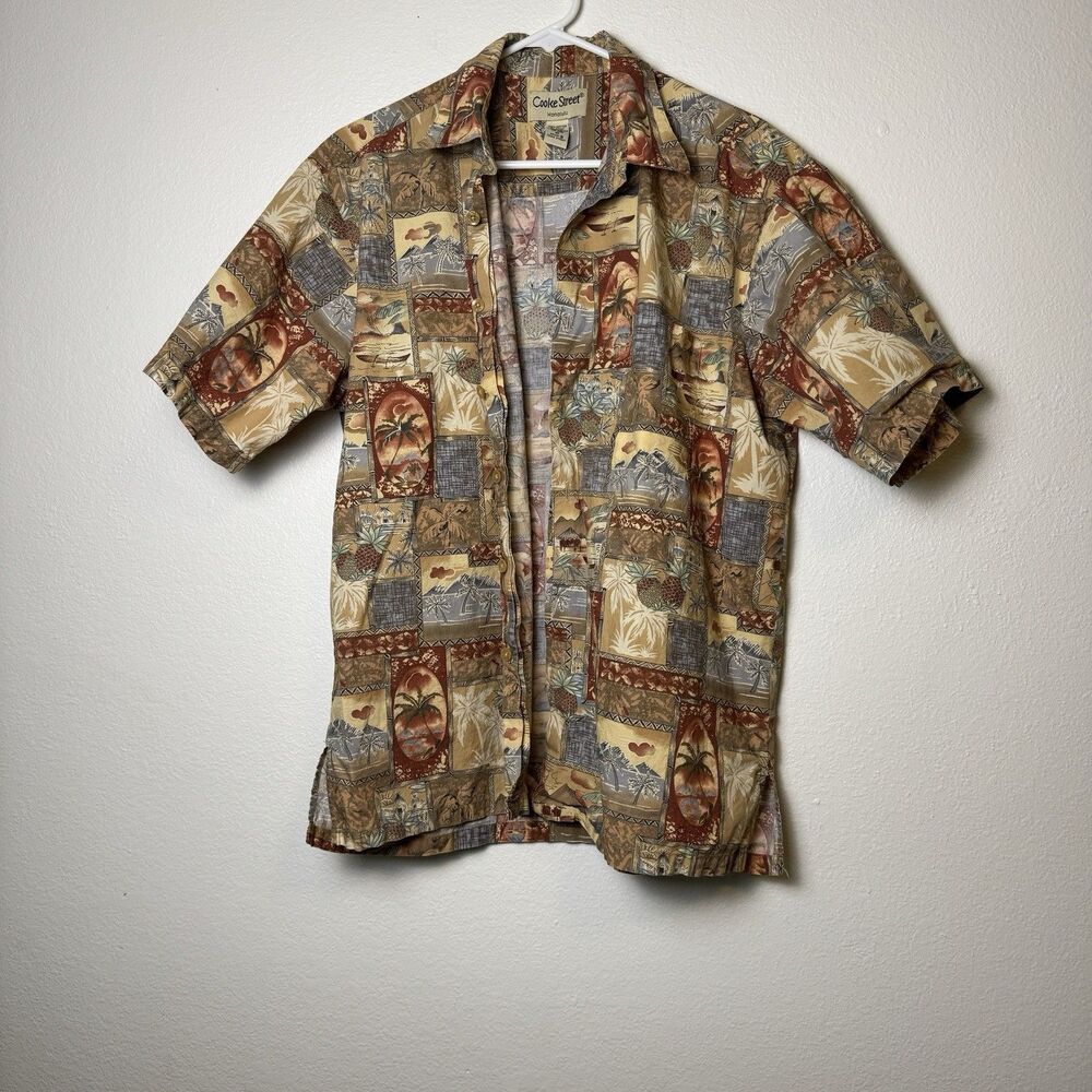 Cooke Street Hawaiian Shirt Men M Brown Patchwork Pineapple Palm Tree Cotton